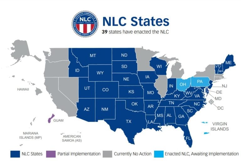 已颁布护士执照契约(NLC)的州地图